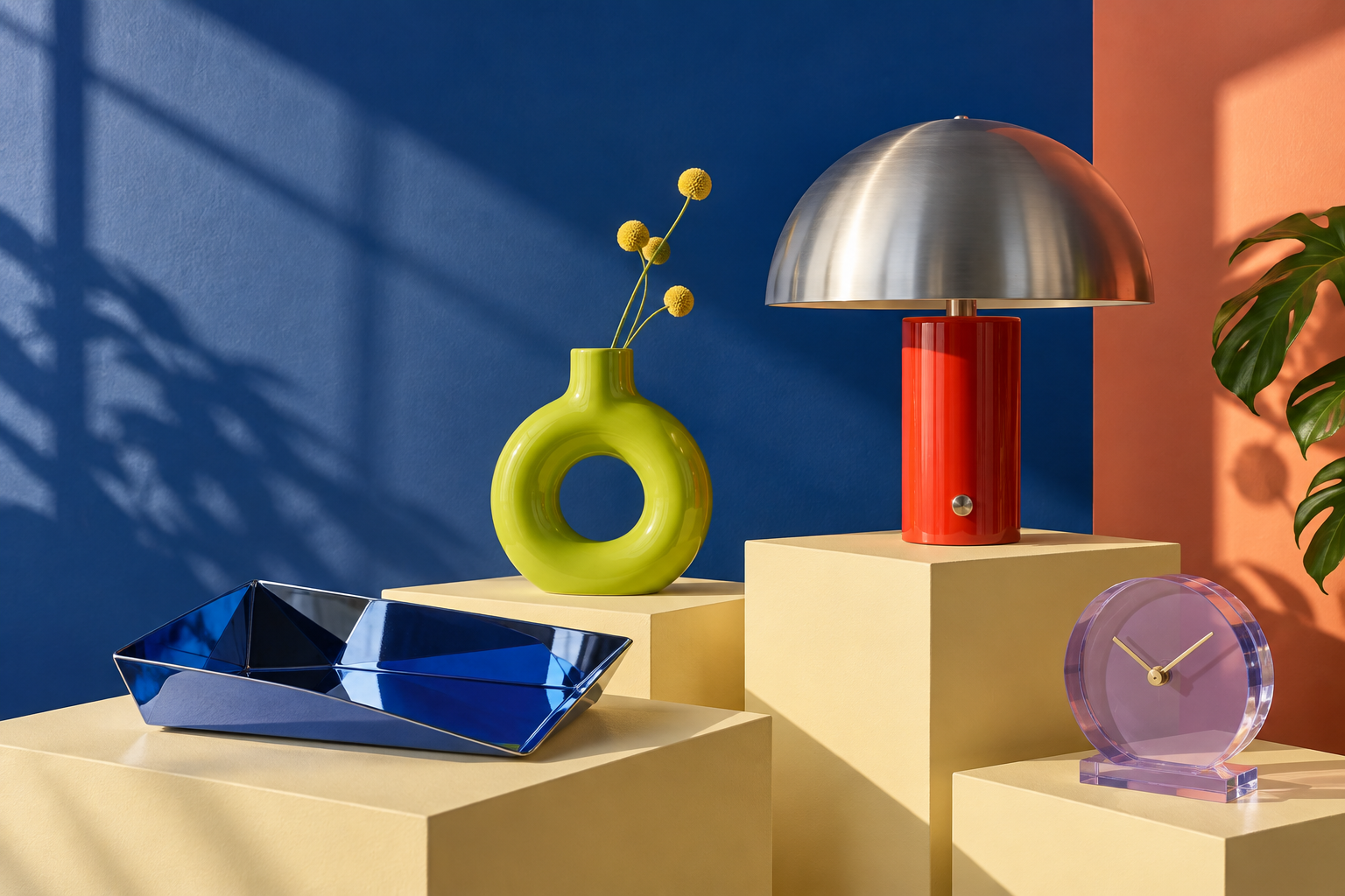 Sculptural SPACO objects arranged together in a colorful studio